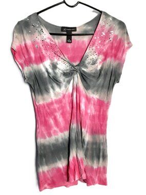 INC Juniors Blouse Size XL Rhinestones Hippie V-Neck Pullover 100% Rayon